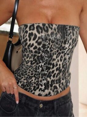 Sequin Leopard Print Strapless Tube Top - Black & Cream